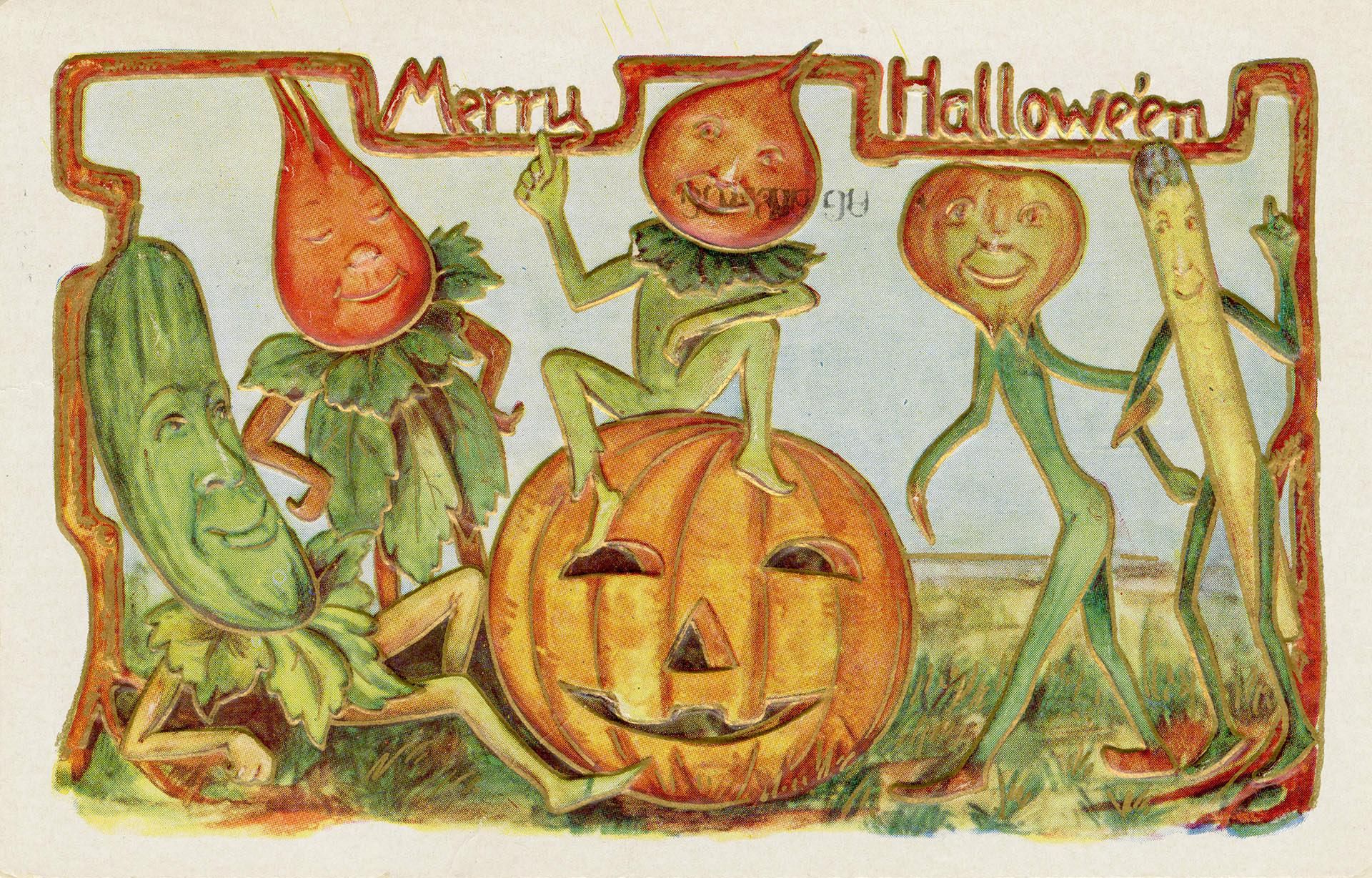 Vintage Halloween greeting card illustration featuring anthropomorphic vegetables dancing around a jack-o'-lantern.