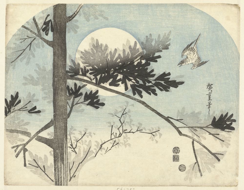 A woodblock print depicting a tree with a full moon behind it and a bird in flight.