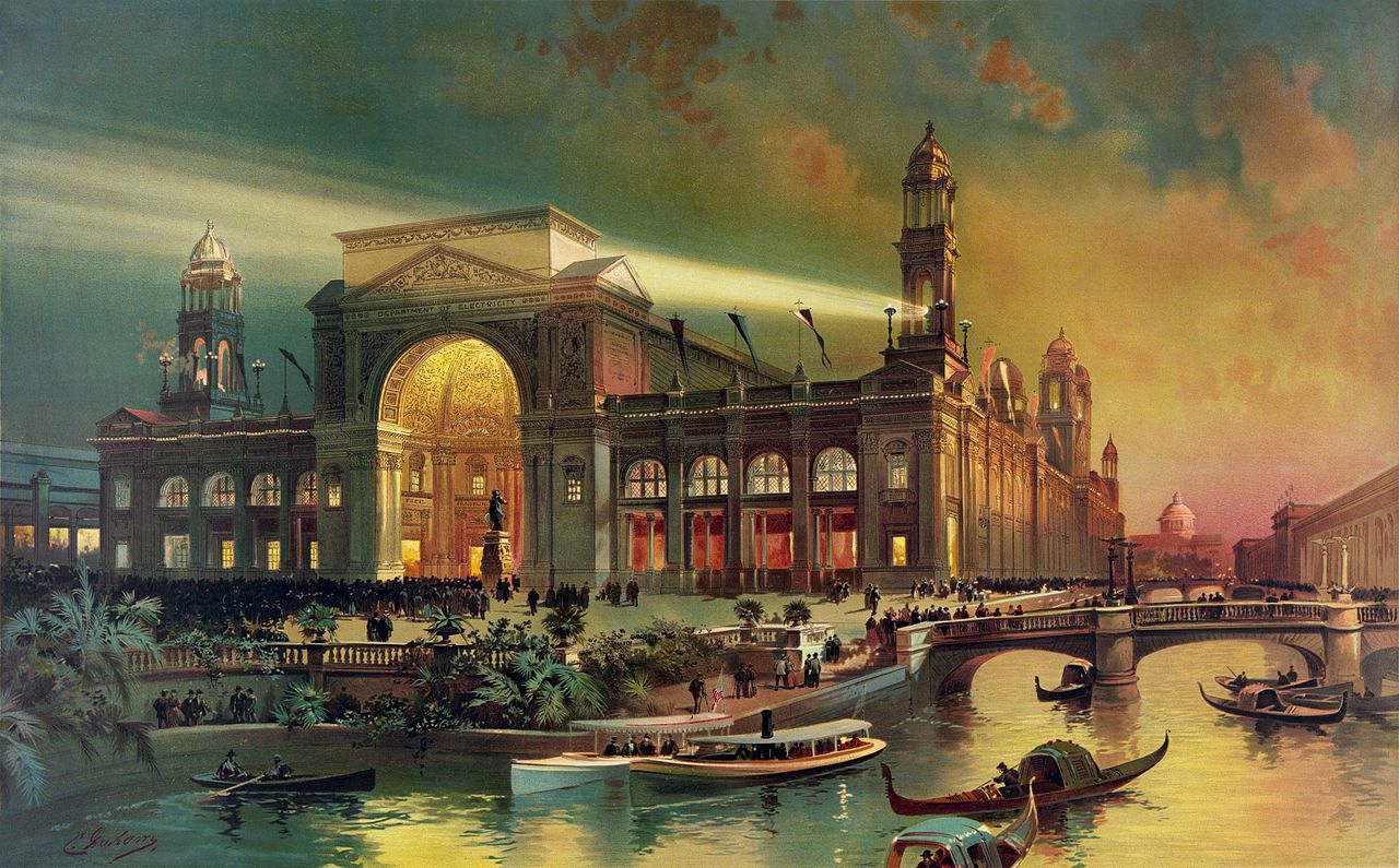 A painting of a grand building illuminated at night, with a bridge and boats in the foreground.