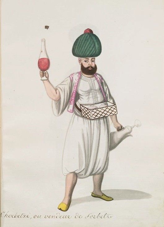Watercolor painting of a man in traditional Ottoman clothing holding a bottle of pink liquid.