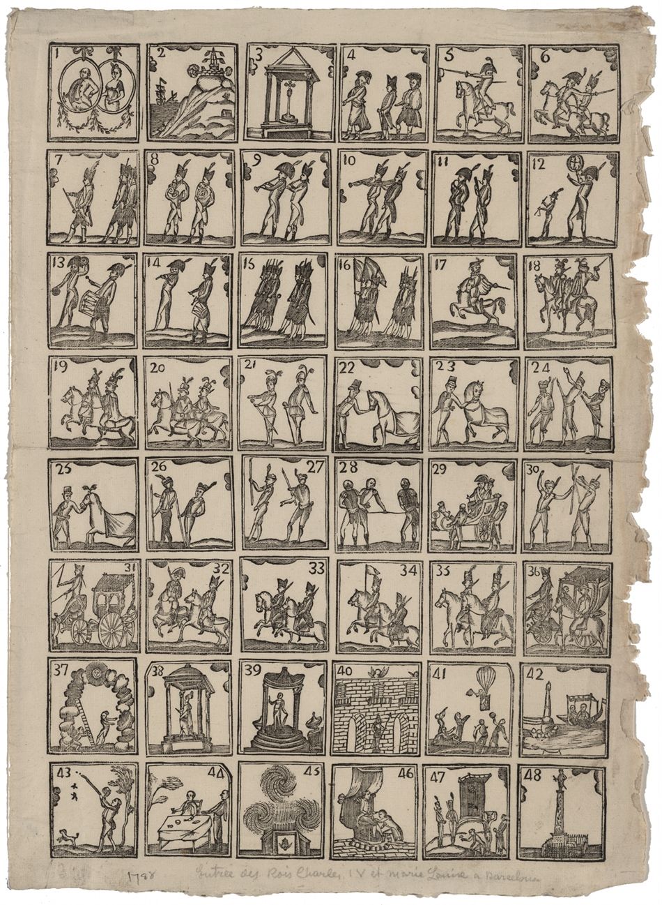 A vintage illustration or engraving, presented as a grid of 48 small, square panels, each containing a unique, black and white scene.