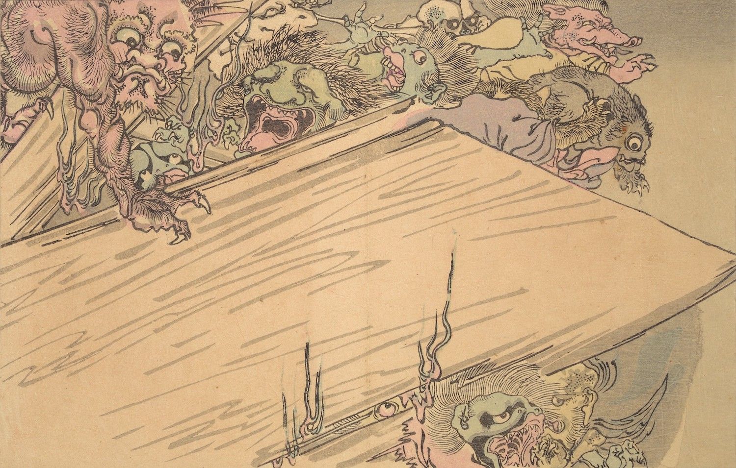 Vintage illustration of fantastical creatures clinging to the corner of a roof.