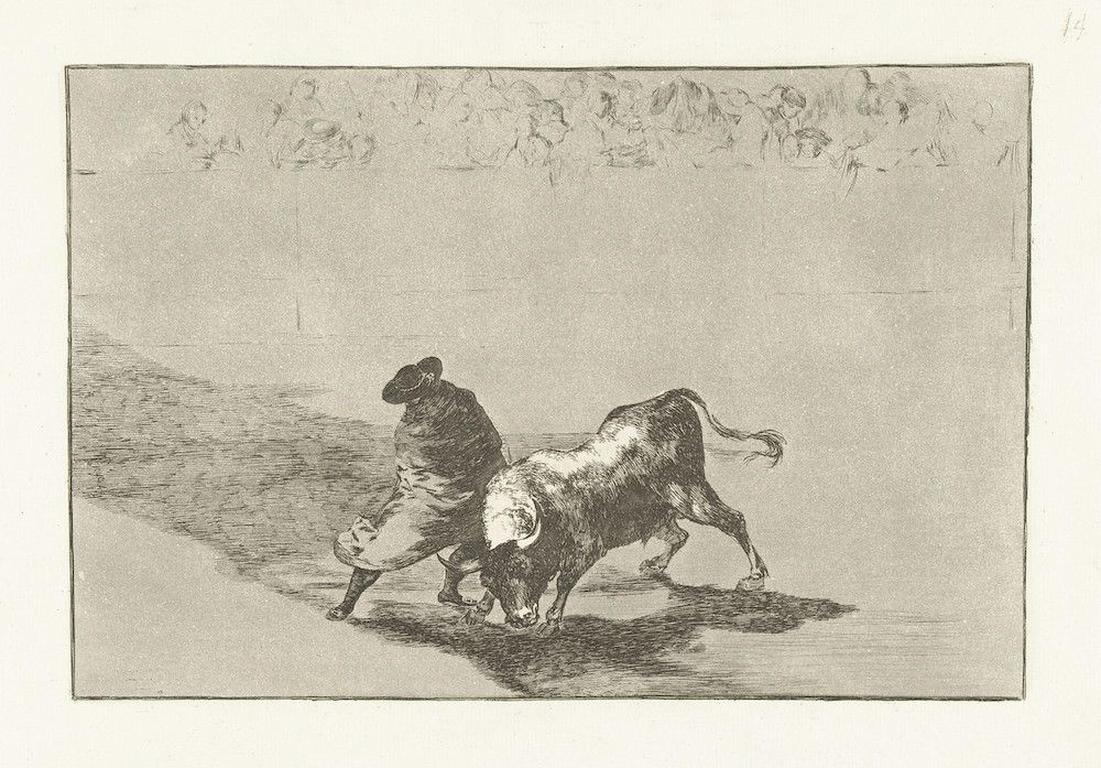 A black and white etching depicting a bullfight scene with a bull and matador in the foreground and a crowd in the background.