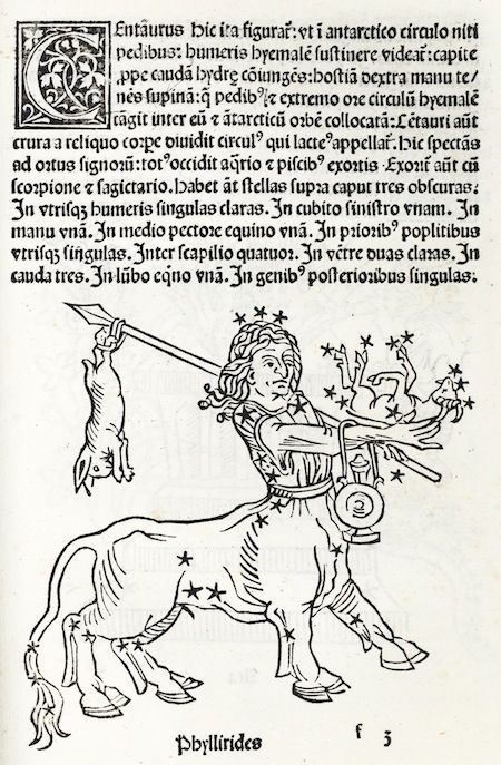 A black and white woodcut illustration of a centaur-like figure in full plate armor, holding a sword and shield, covered in stars, with text above and below.