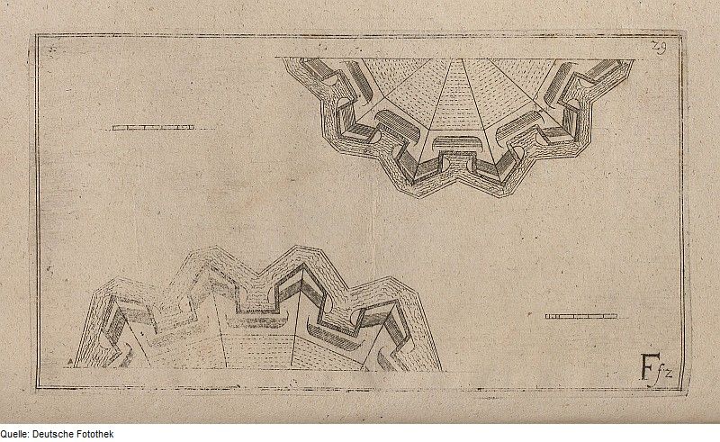 Vintage sepia-toned drawing of two star-shaped fortress plans with intricate linework and shading.