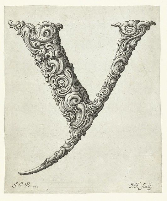 A detailed black and white engraving of the letter 'V' heavily ornamented with floral and foliate designs. Inscriptions at the bottom read 'I.C.B. in.' and 'I.F. Sculp.'