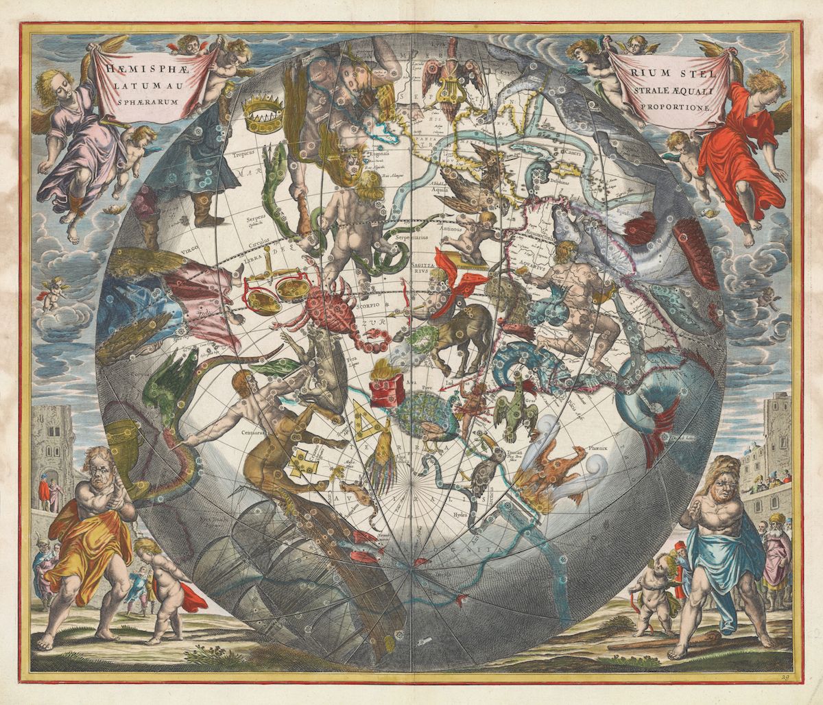 A detailed 17th-century celestial map of the northern hemisphere, featuring constellations, mythological figures, and ornate decorative elements.