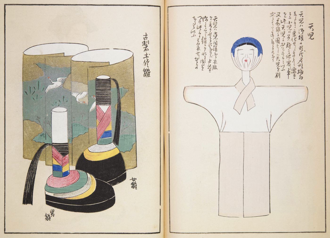 Open book page with two illustrations: one of layered Japanese footwear and another of a person in traditional clothing with elaborate sleeves.