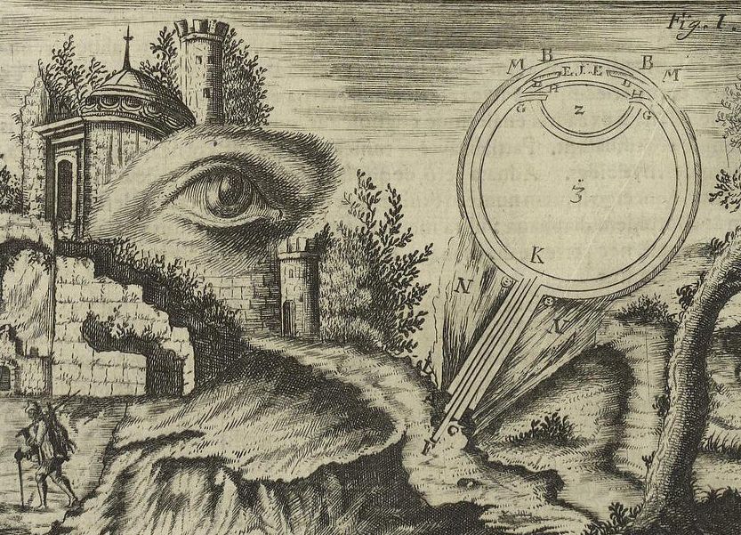 A detailed black and white engraving of a massive sculpted head with a castle built inside its eye, alongside a complex diagram.