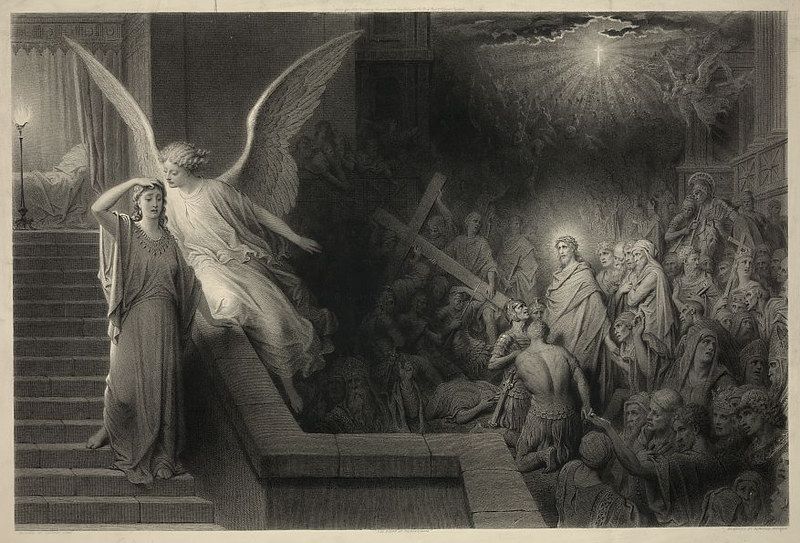 A black and white engraving depicting a woman on stairs with an angel descending towards a crowd of people gathered around a cross.