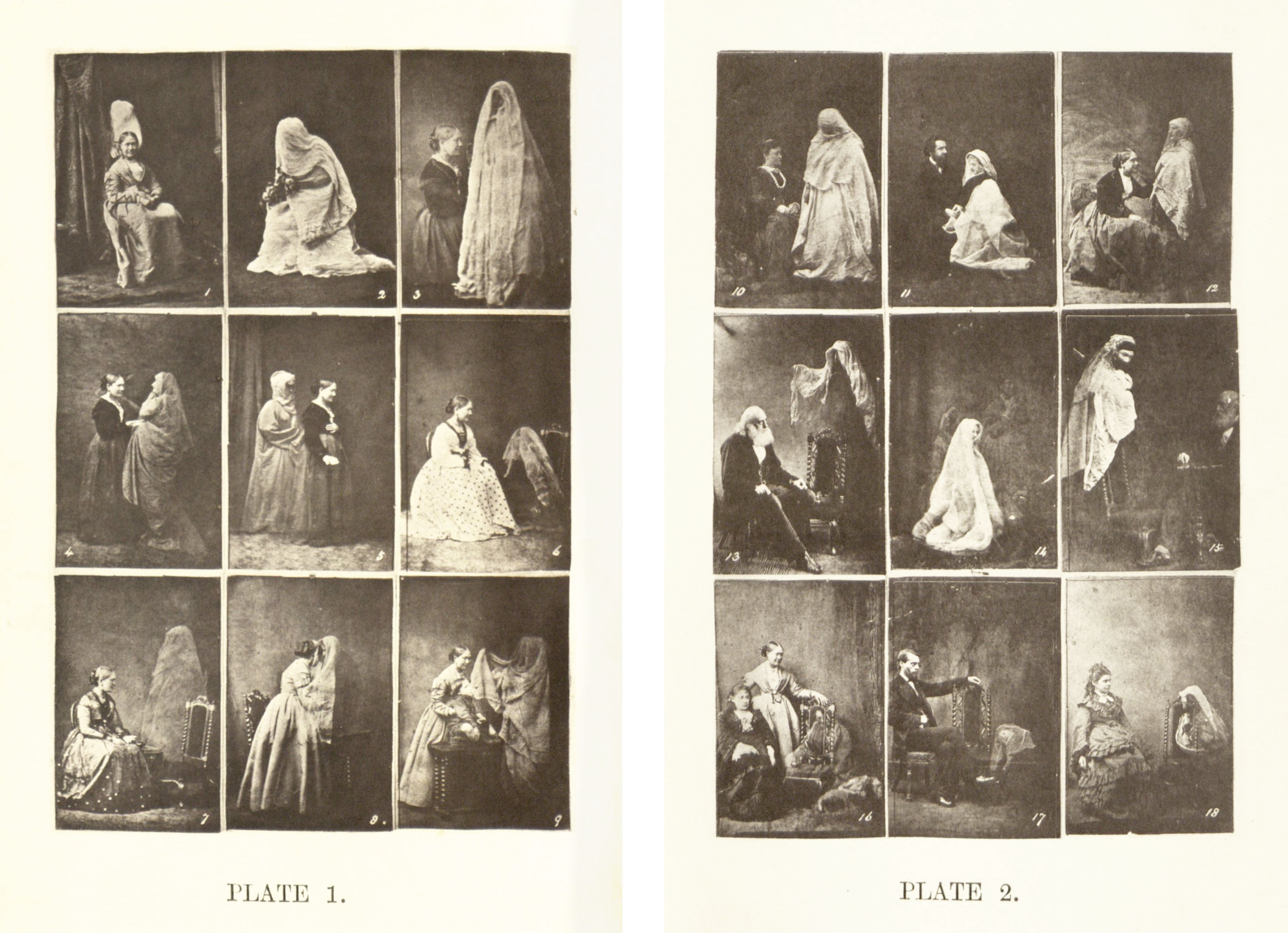 A black and white reproduction of two plates, each containing a grid of six historical photographs or illustrations depicting women in veils and formal attire.