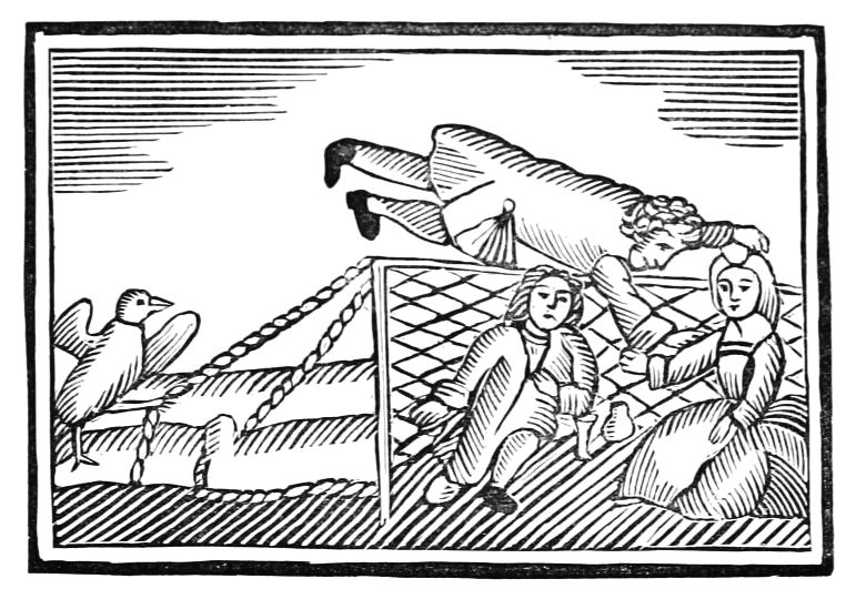 A black and white woodcut illustration depicting a person being lifted into the air by a bird, with onlookers.