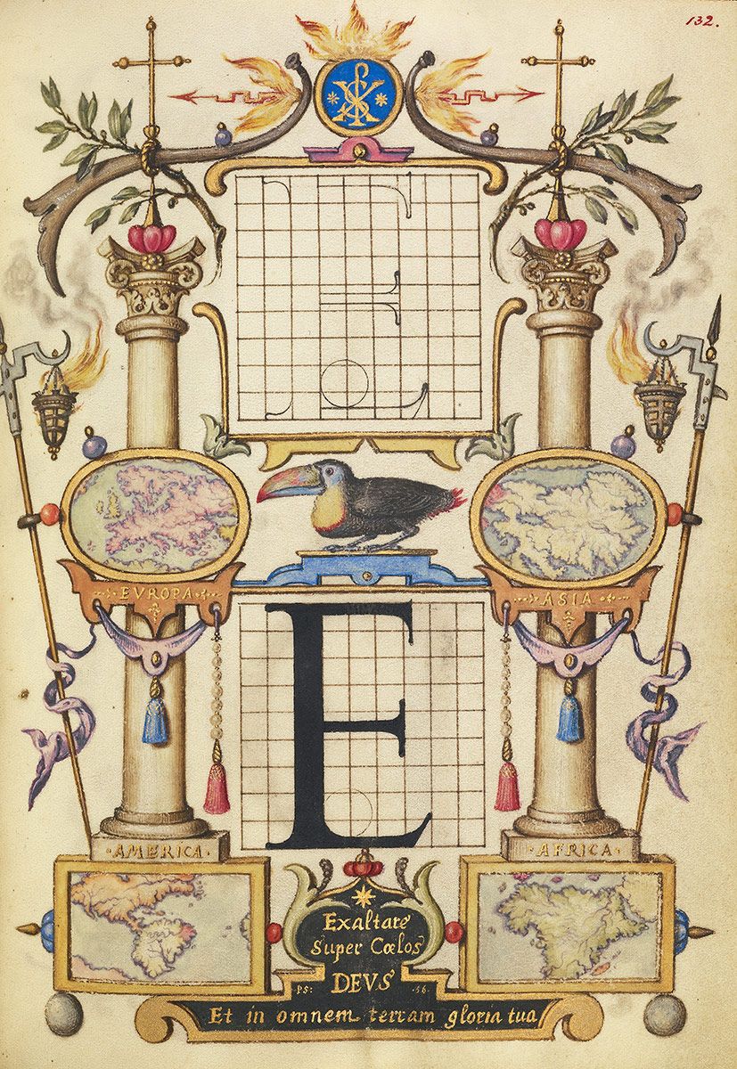 An ornate illustration featuring a large letter 'E' framed by architectural and natural elements, with maps of the continents below and Latin text at the bottom.