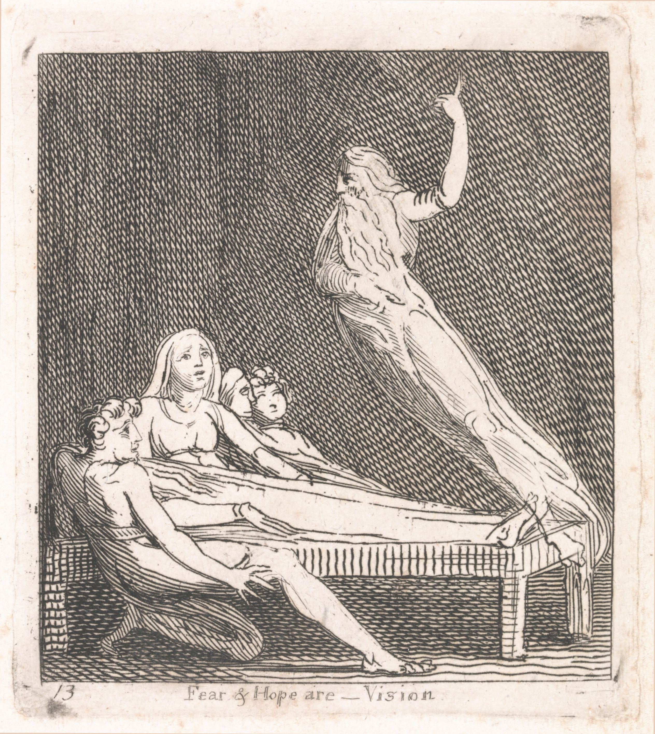 Black and white engraving of a man in bed with a woman and children, a spectral figure stands above them.