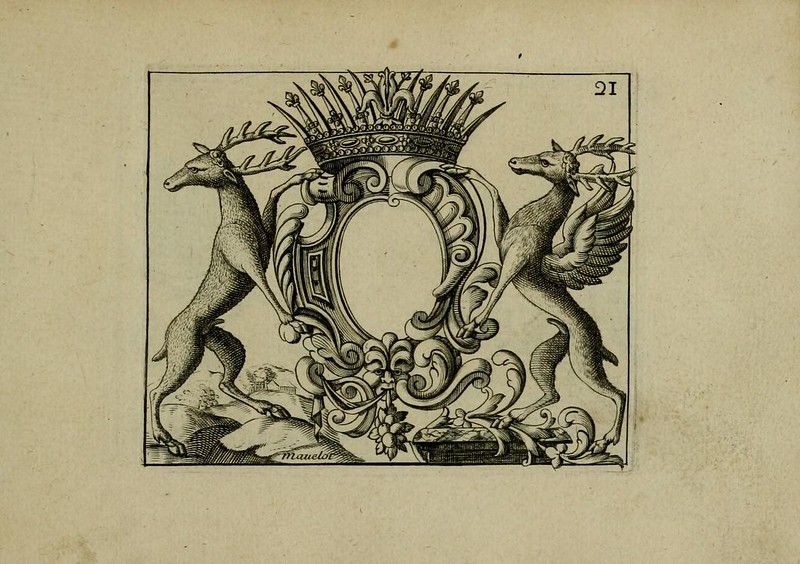 A detailed black and white engraving of a heraldic design featuring a shield flanked by winged deer and topped with a crown. The name 'Mawlor' is inscribed below the design, and the number '21' is visible in the upper right corner.