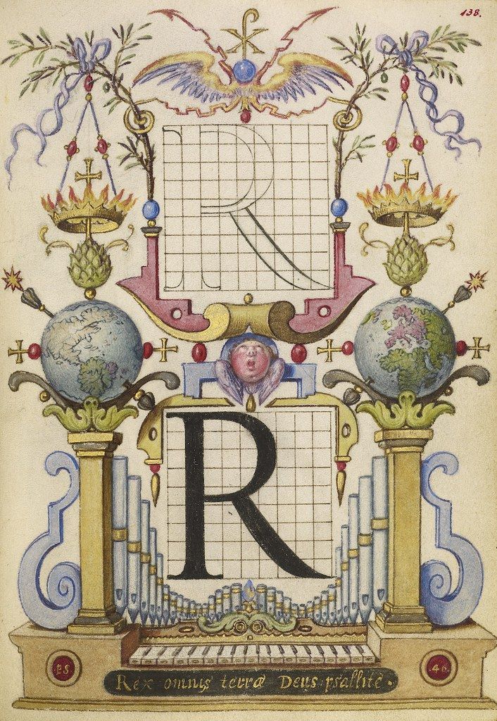 Illuminated letter 'R' with globes, crowns, angels, and Latin text.