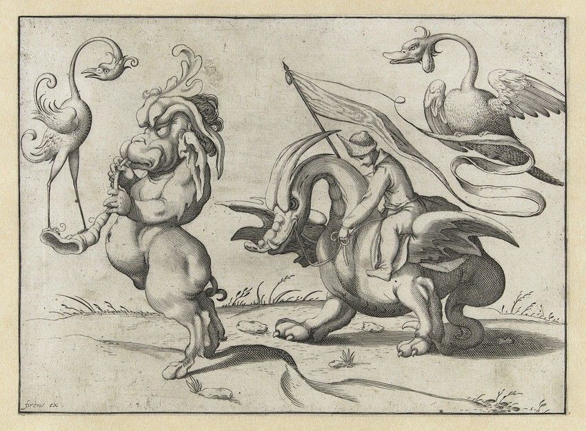 A black and white engraving depicting a fantastical scene with a lion-headed bird, a man riding a walrus-like creature with wings, and another bird in the background.