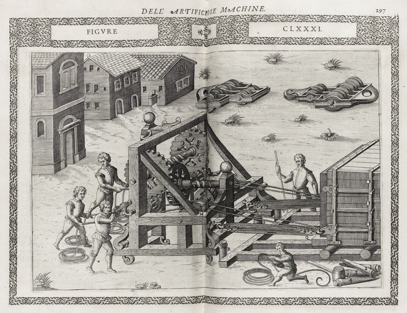 A black and white engraving of a complex water-powered machine with figures operating it, set in a town landscape.