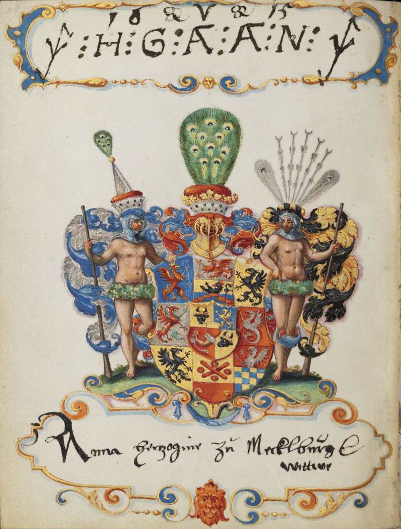 A detailed, ornate coat of arms with two nude male figures flanking a shield adorned with heraldic symbols and topped with a feathered plume. The composition is surrounded by elaborate ornamentation and stylized text.