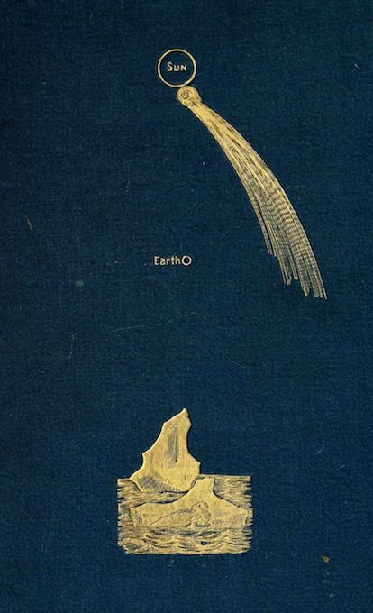 Vintage illustration of the sun shining down on an iceberg labeled 'EarthO'.