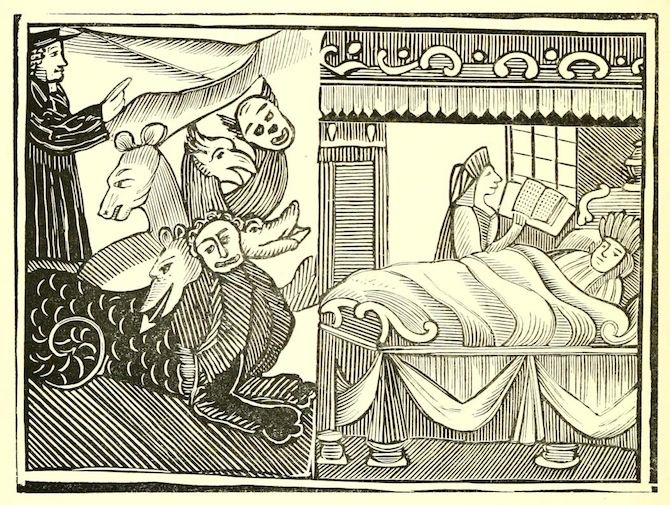 A black and white woodcut illustration depicting a scene of apparent demonic possession or exorcism.
