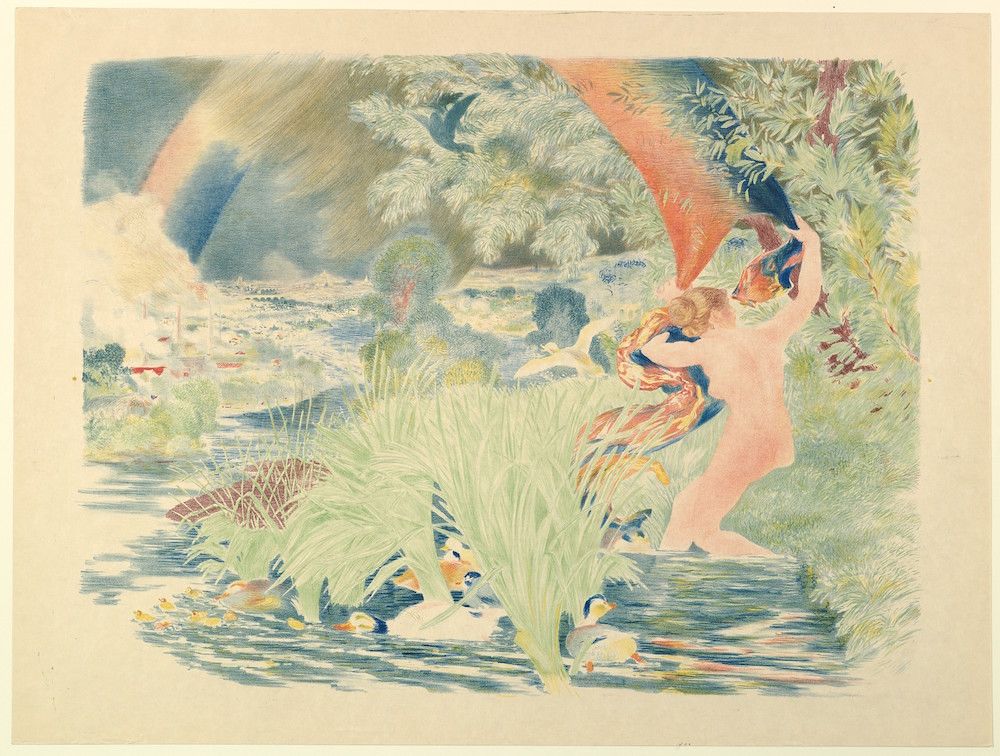 A color lithograph depicting a nude woman standing in shallow water surrounded by tall reeds and trees, with a distant town visible in the background.