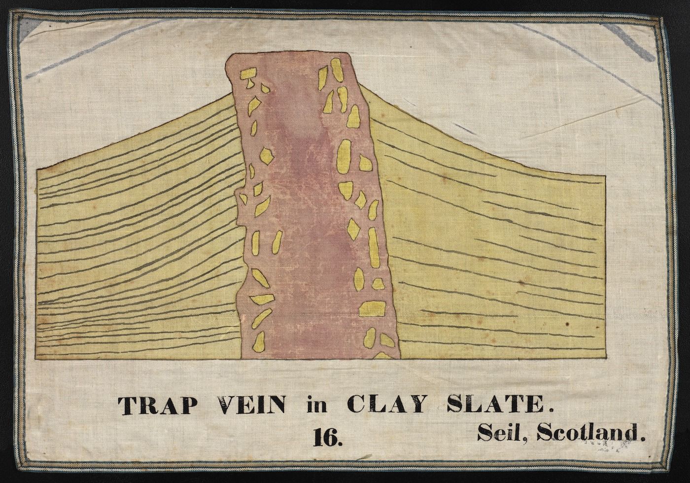 Vintage geological diagram of a trap vein in clay slate, labeled "TRAP VEIN in CLAY SLATE. 16. Seil, Scotland."