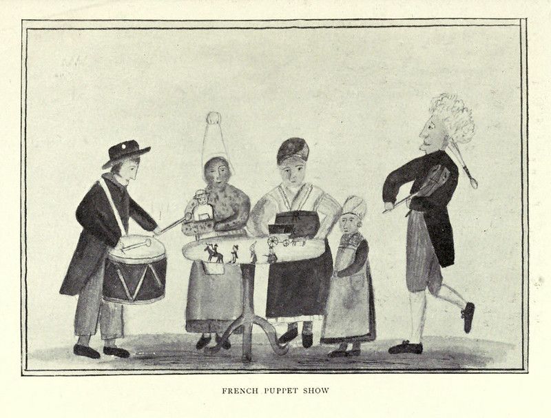 Vintage illustration of a French puppet show with five figures performing around a small stage.