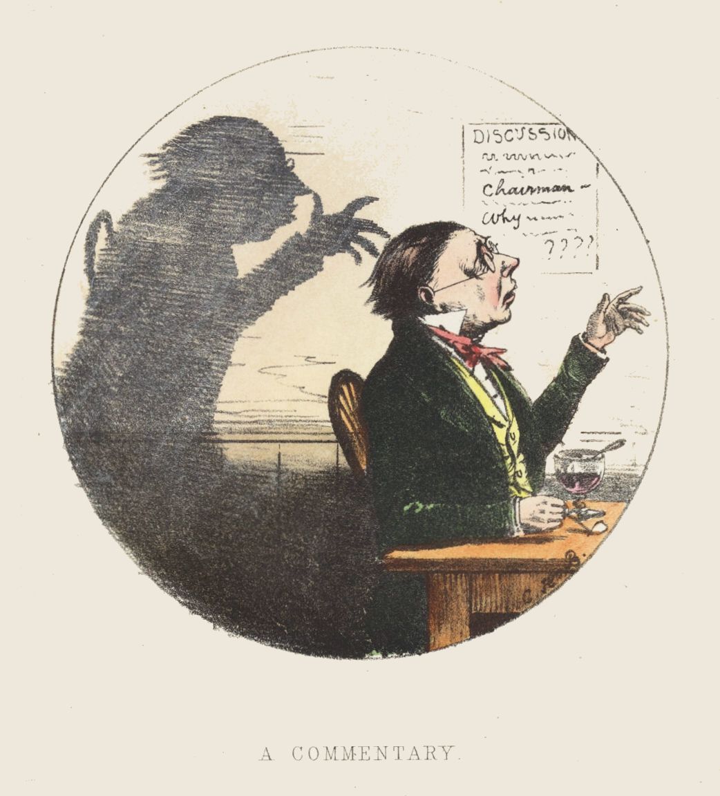 A vintage cartoon titled 'A Commentary' depicting a man at a table with a monstrous shadow behind him.