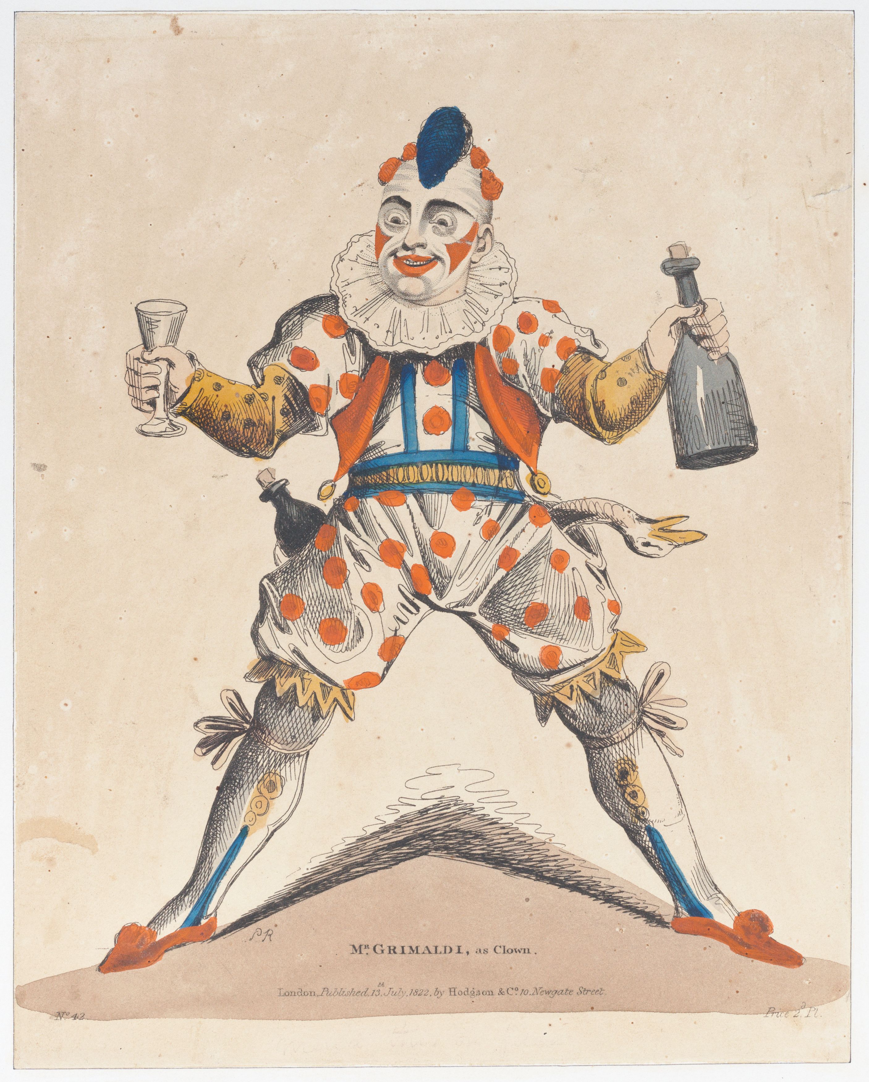 A hand-colored lithograph depicting Joseph Grimaldi as a clown, holding a bottle and a glass, dressed in a vibrant and elaborate costume.