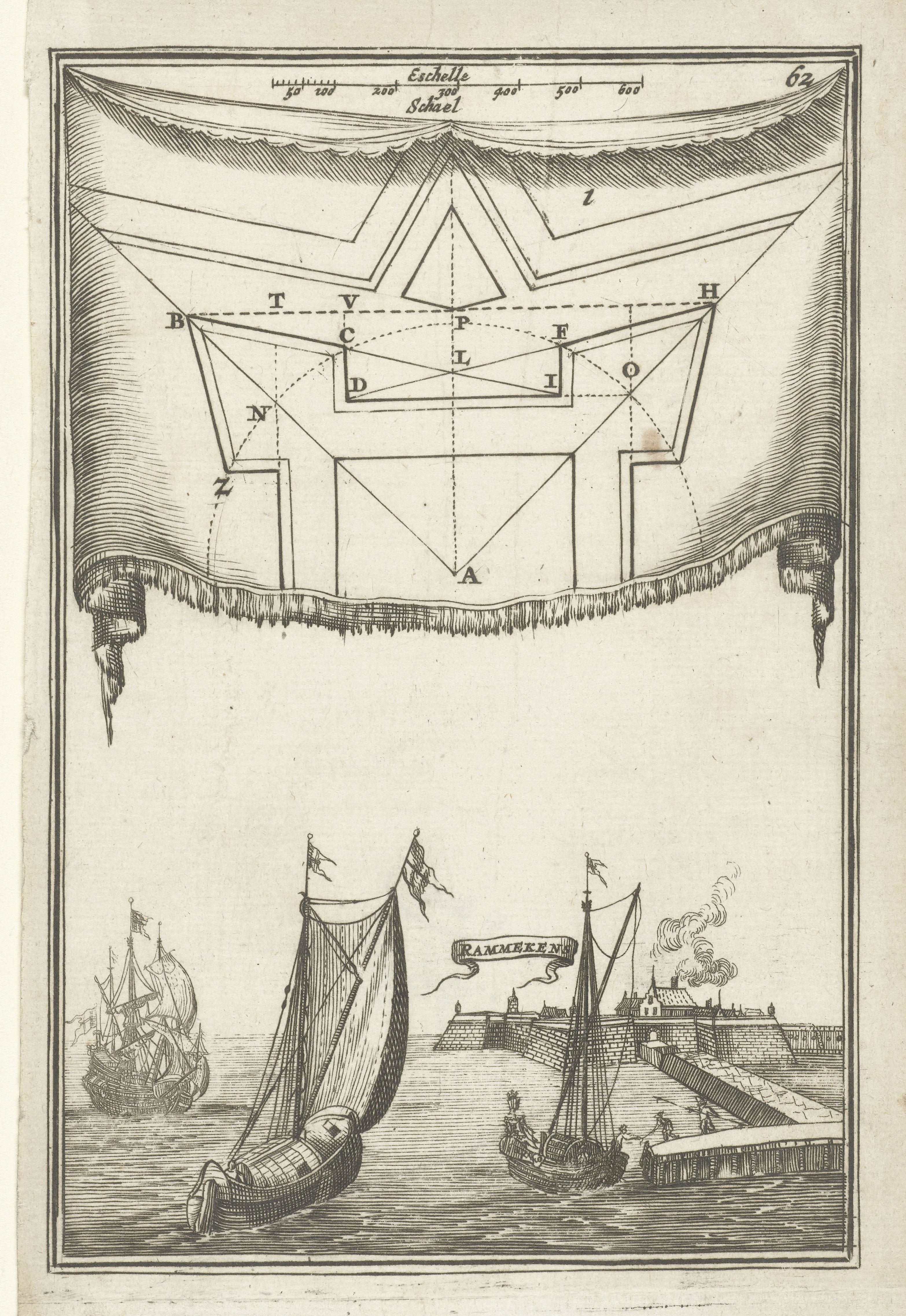 Vintage black and white engraving of a star-shaped fort with ships and a flag labeled 'RAMMEKENS'.