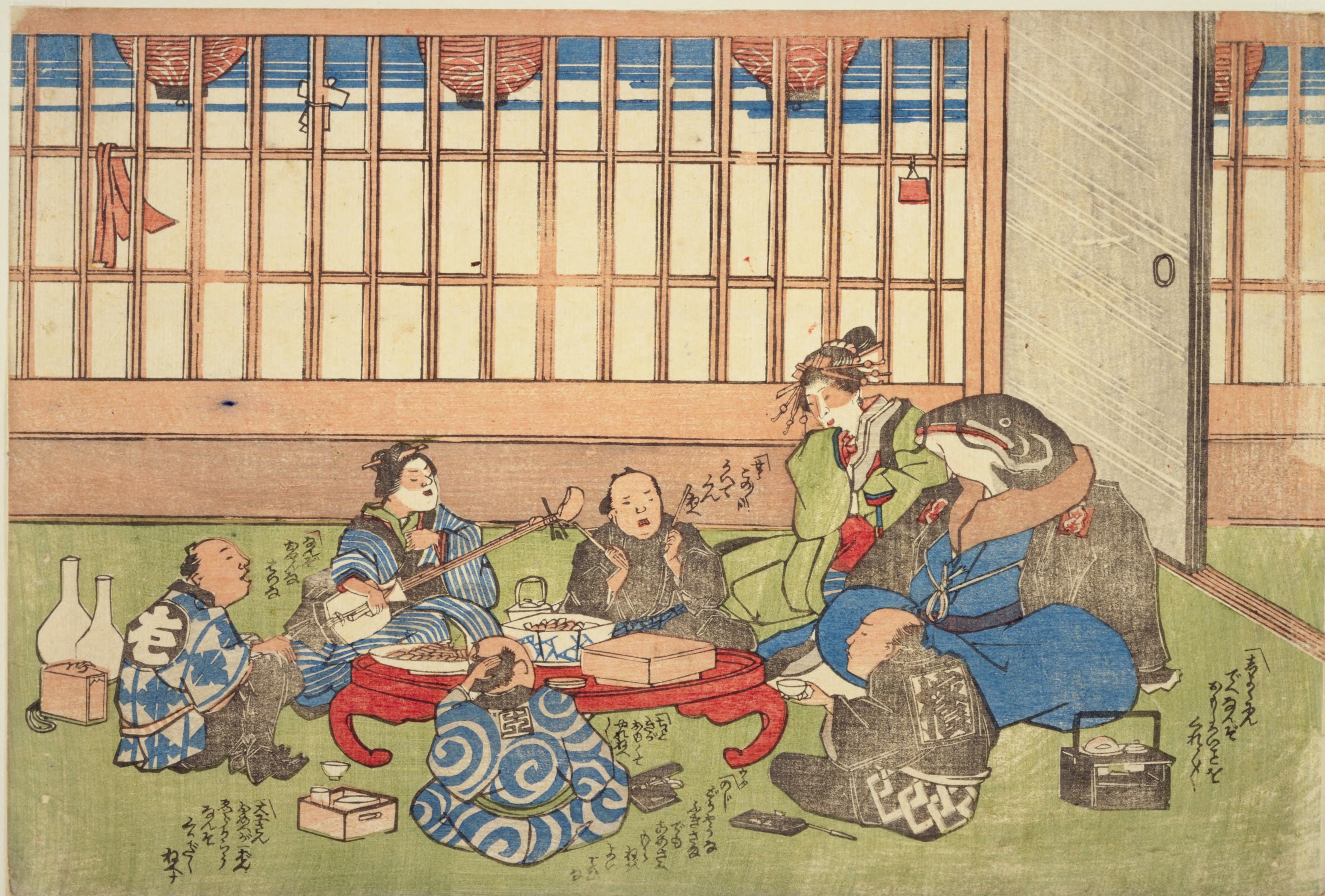 A colorful woodblock print depicting a lively scene inside a traditional Japanese room with five people gathered around a low, circular table laden with food and dishes.