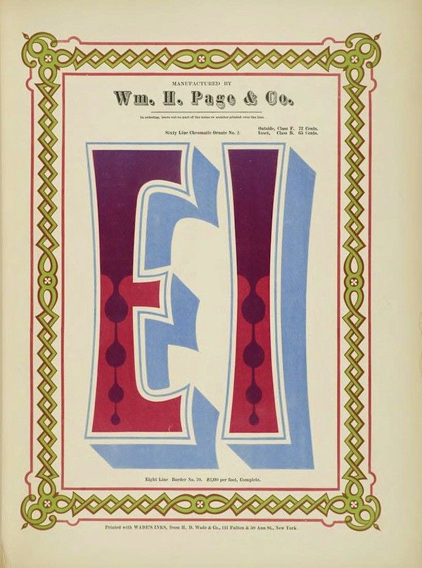 A vintage chromolithograph advertising a decorative border produced by Wm. H. Page & Co. The image features a large, ornate letter 'H' in red and blue, surrounded by a detailed border in red, green, and gold.