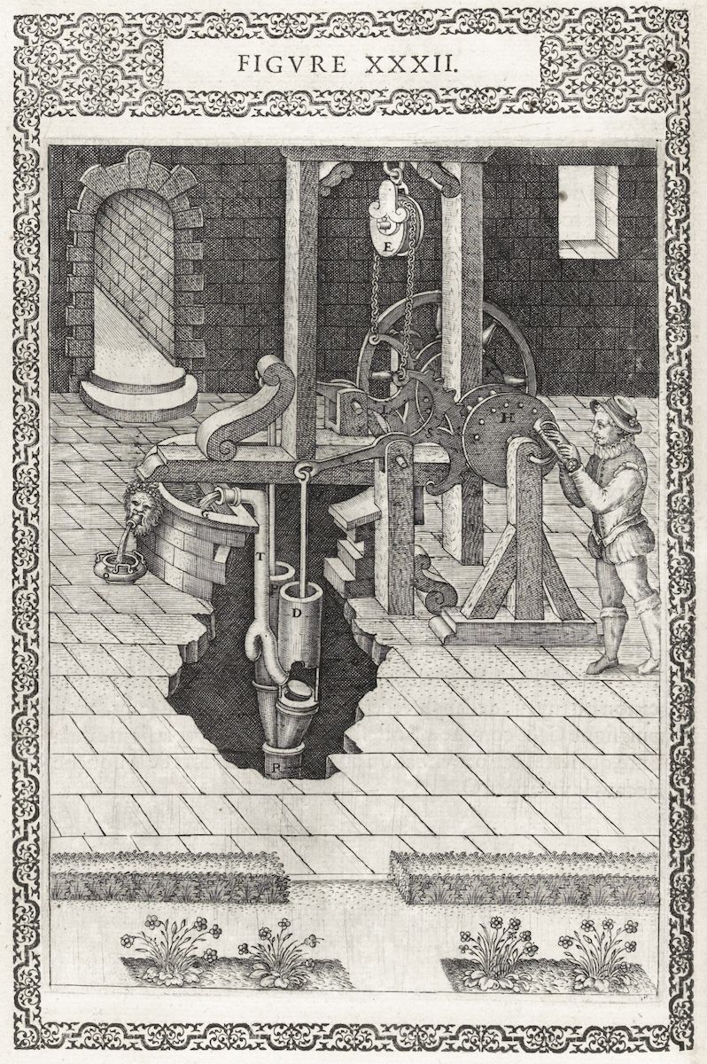 A detailed black and white engraving of a complex mechanical device, likely a water-lifting system, with a man operating it.