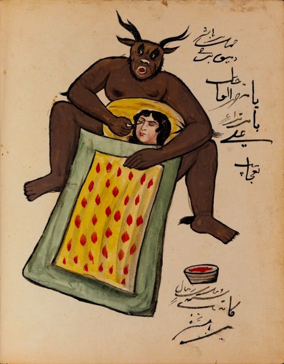 Vintage illustration of a demon looming over a person in a bed, with a bowl of red substance below.