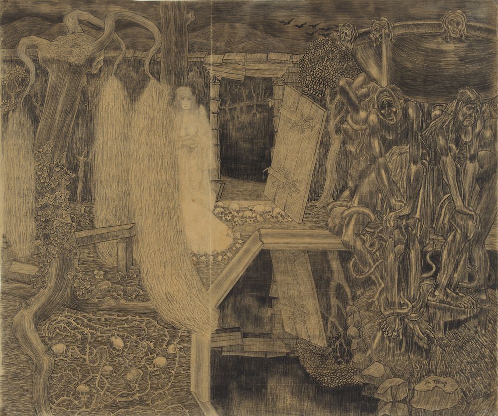 A sepia-toned engraving depicting a ghostly woman standing before a tomb surrounded by skulls and grotesque figures in a dark forest.
