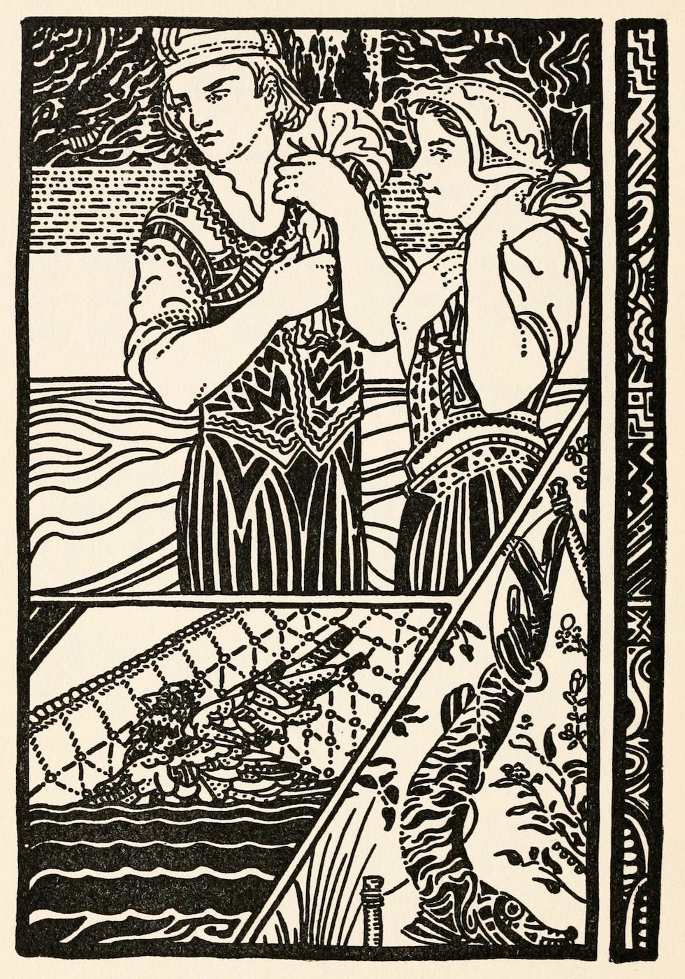 A black and white illustration of two figures looking down at a ship sailing away.