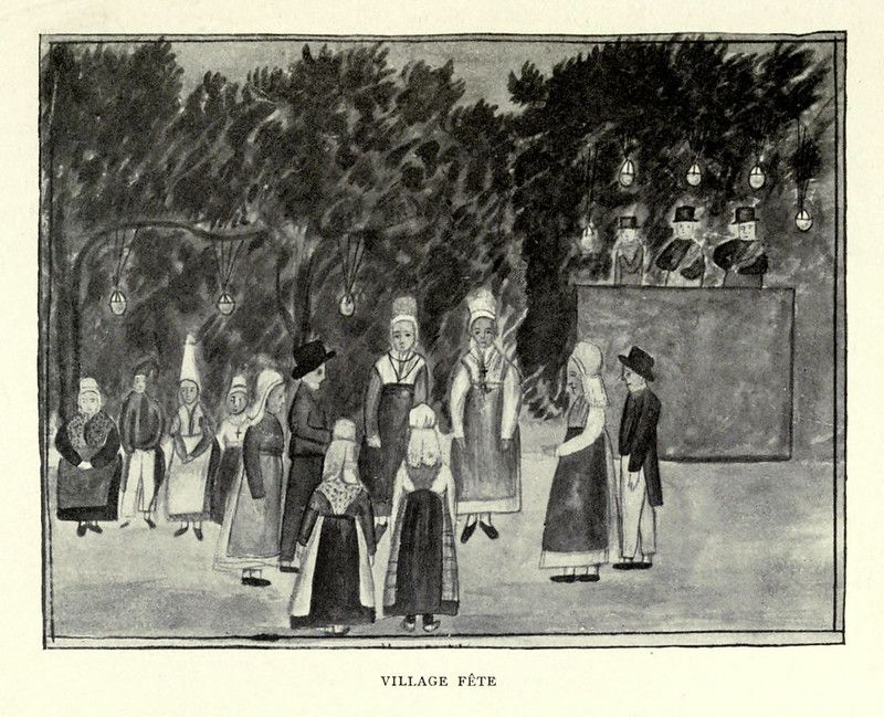Black and white illustration of a village fête with people in traditional attire, lanterns hanging from trees, and buildings in the background.