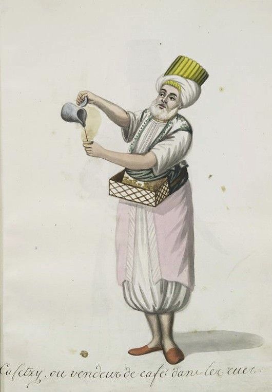 Watercolor painting of a coffee vendor in traditional Ottoman attire, pouring coffee into a tray of cups.