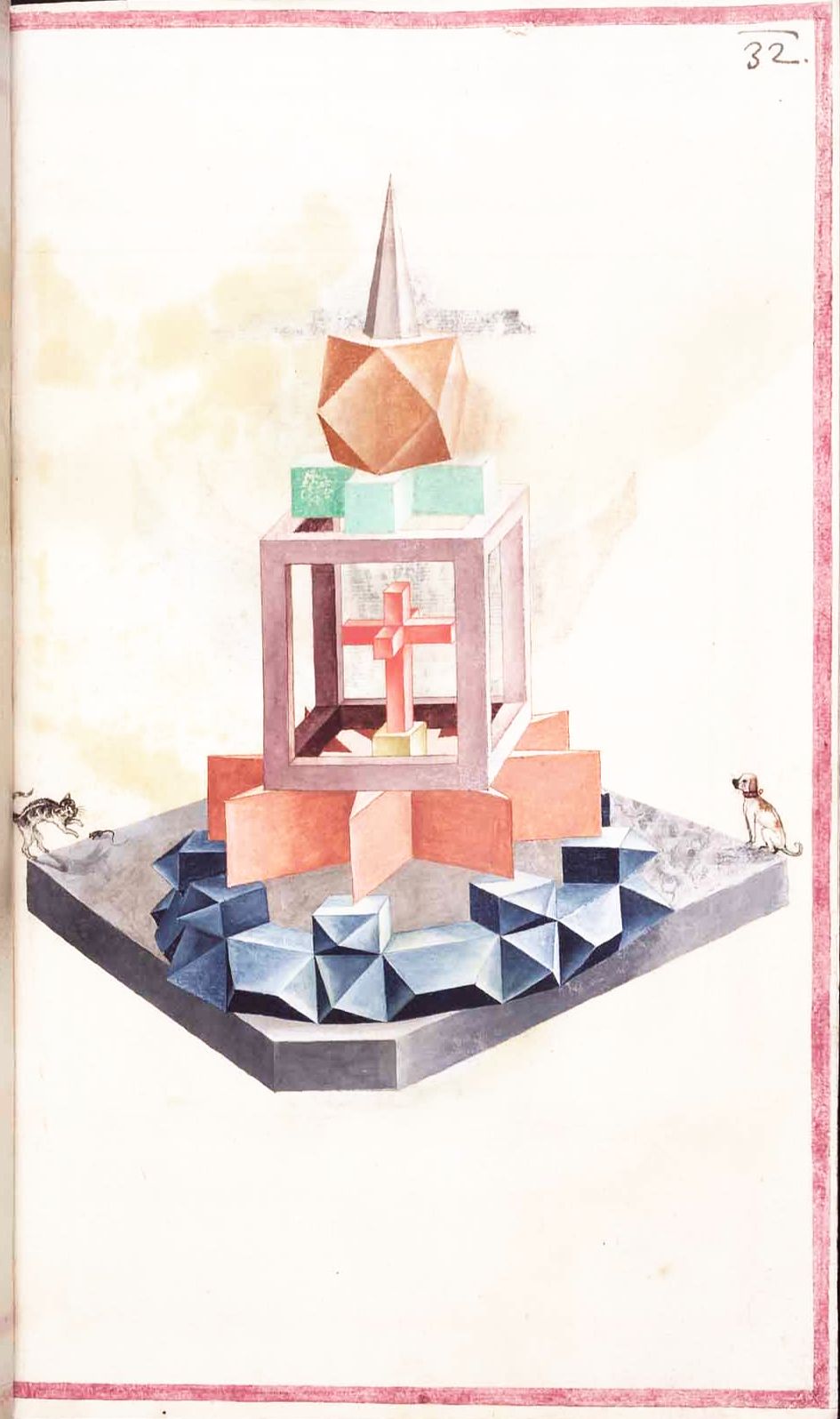 Watercolor painting of a geometric building with two dogs.