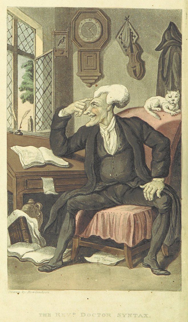 A hand-colored etching of 'The Rev. Doctor Syntax' seated in a study with a cat, clock, table, and books.
