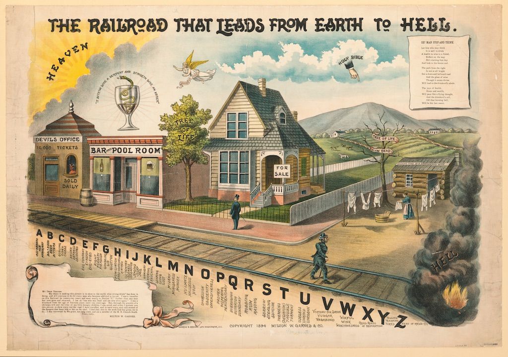 A colorful lithograph titled "The Railroad That Leads From Earth to Hell," depicting a symbolic journey from earthly temptations to damnation.