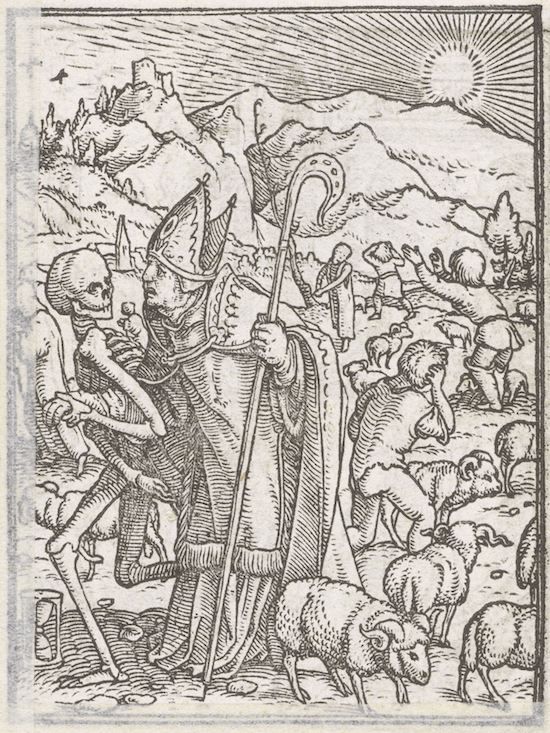 A black and white woodcut print depicting a bishop leading a flock of sheep, while a skeleton reaches out to grasp his shoulder.