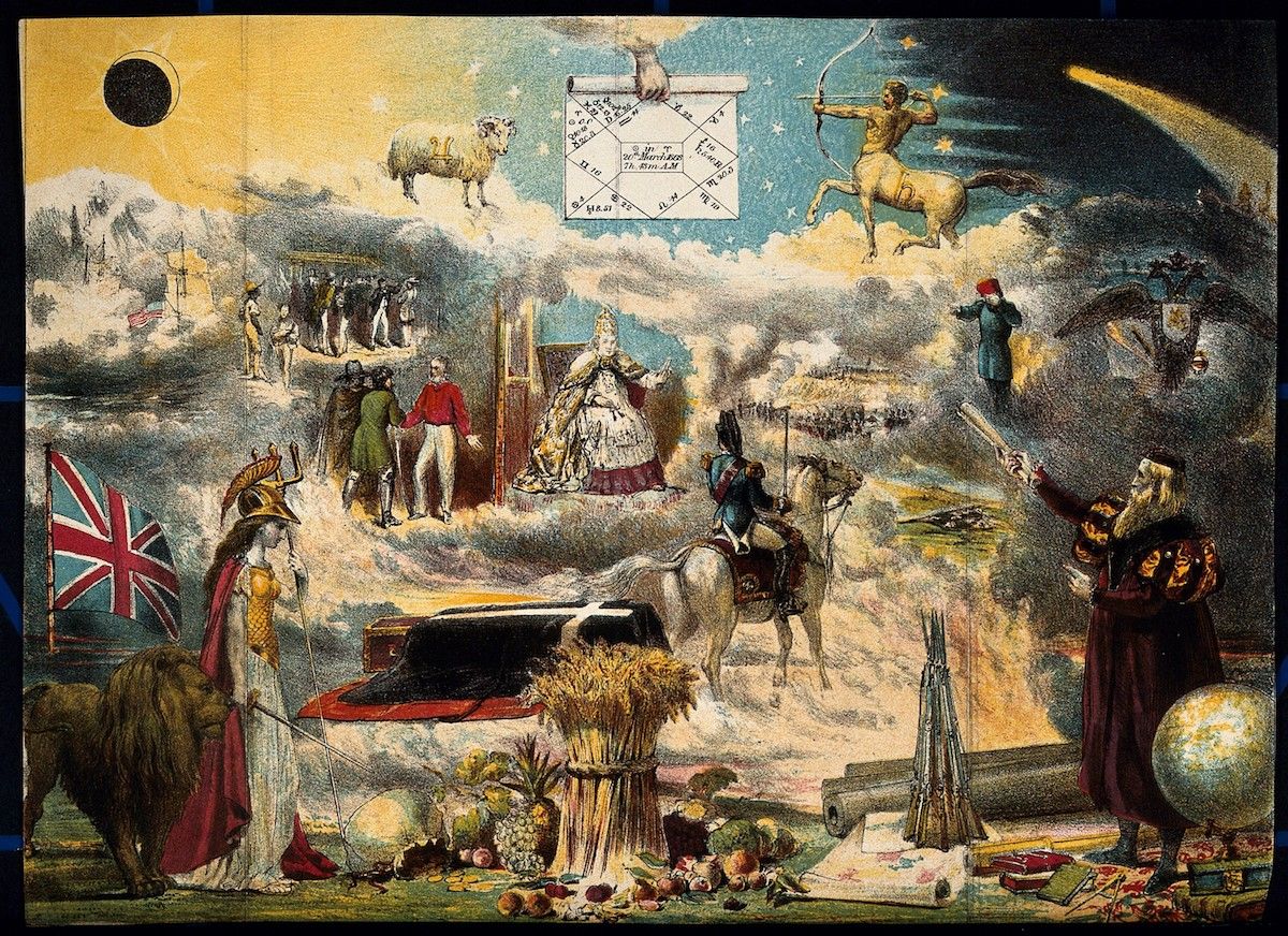 A detailed and complex allegorical print from the 19th century, filled with symbolic imagery of British power, exploration, and mythology.