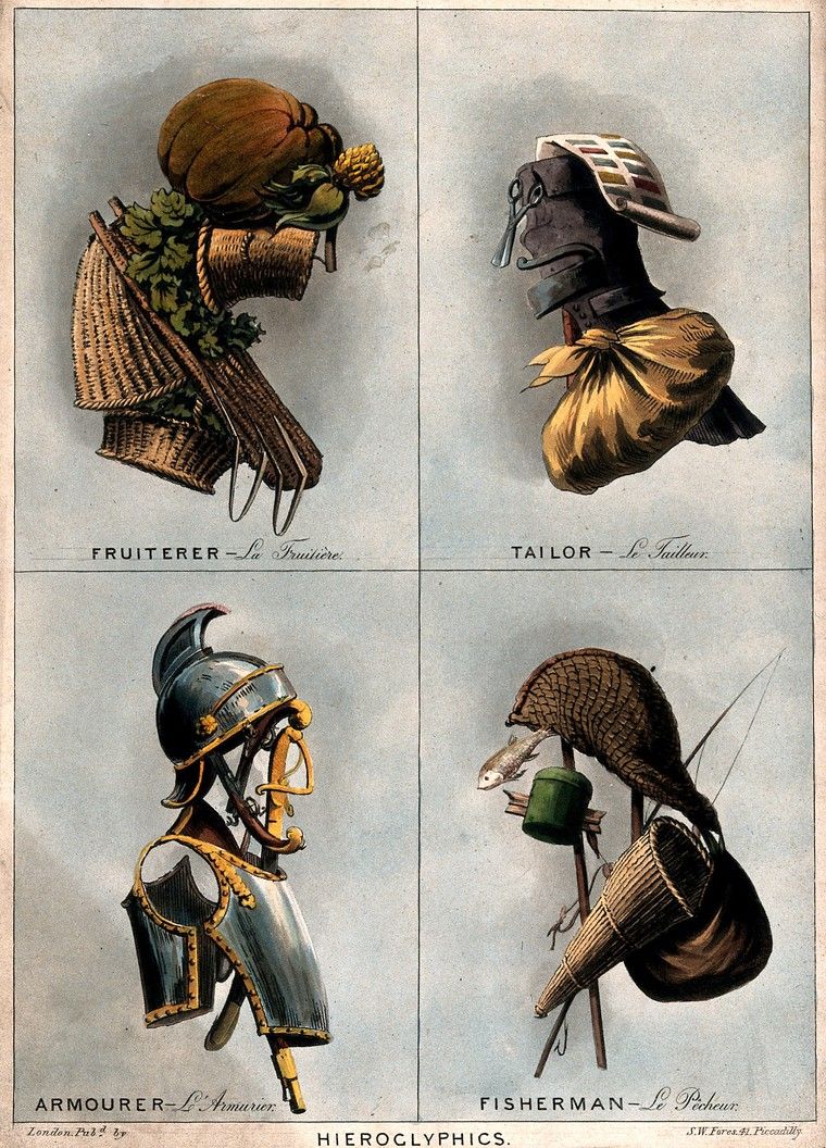 A vintage illustration of four helmets representing different professions: fruiterer, tailor, armourer, and fisherman. Each helmet is constructed from objects related to the profession.