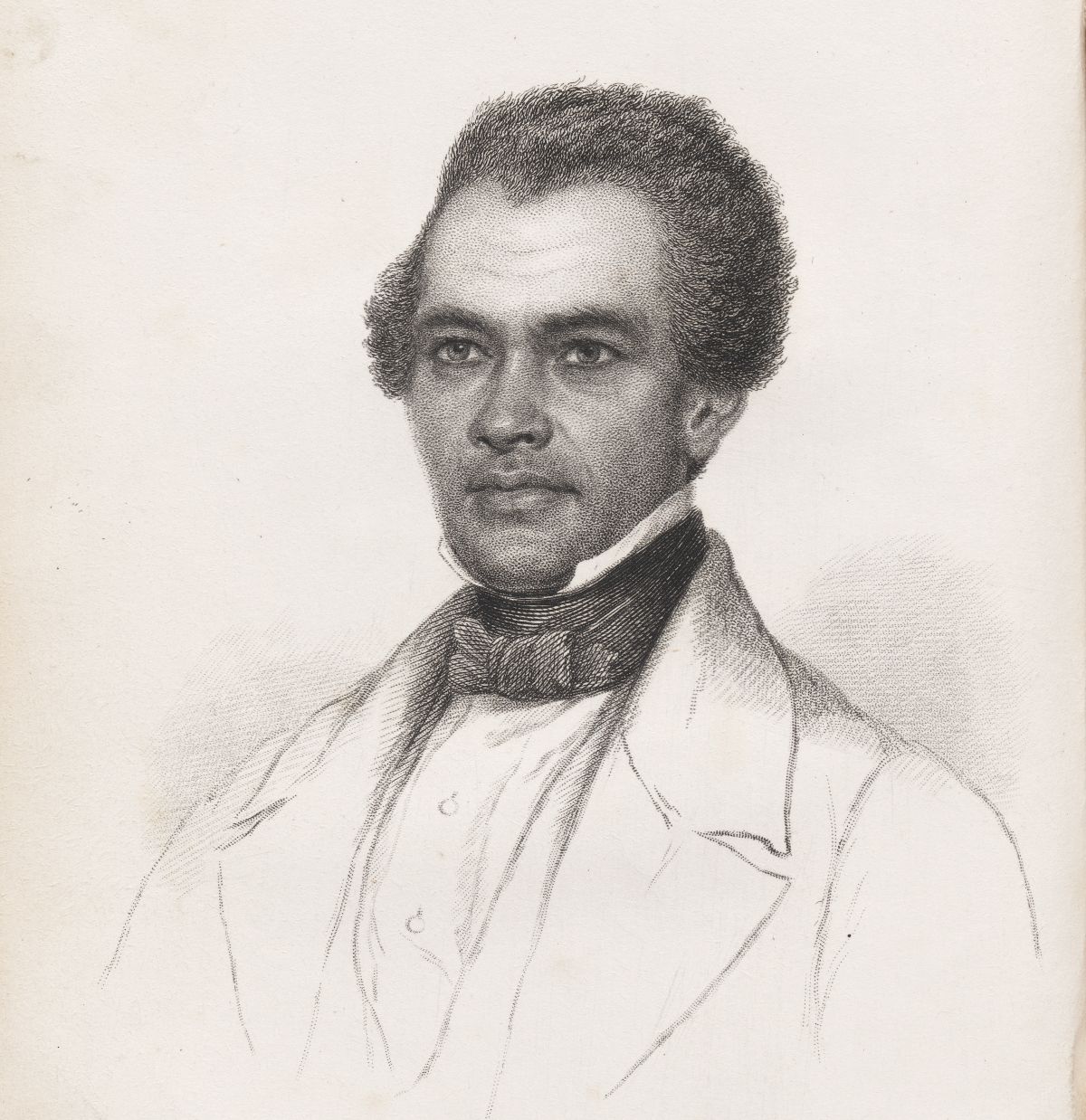 Black and white engraving of a man with curly hair and a serious expression.