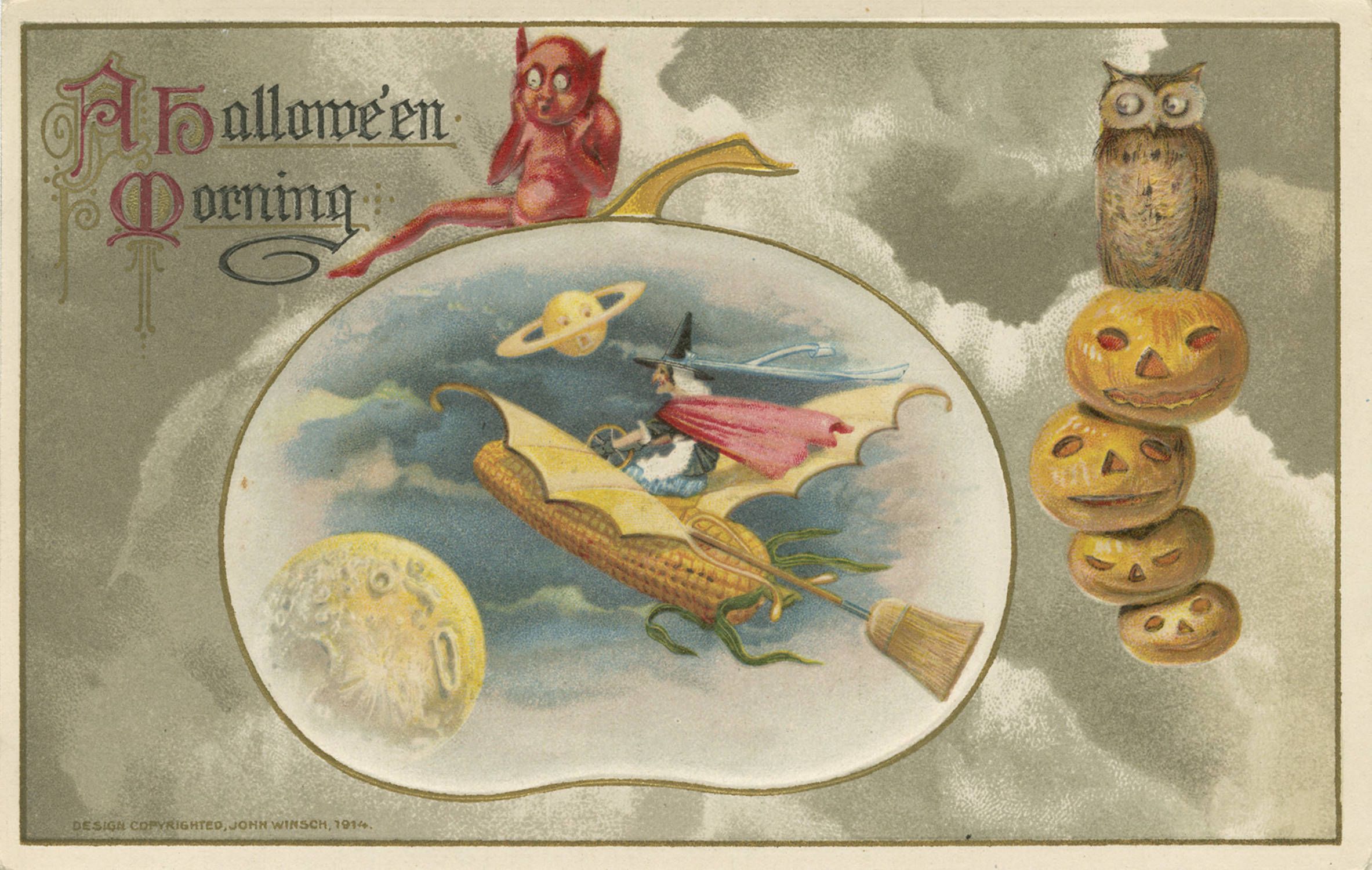 Vintage Halloween postcard from 1914 featuring a witch riding a corn stalk, pumpkins, an owl, and a devil.