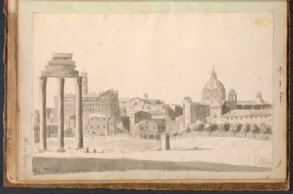 A black and white sketch of a cityscape with ancient columns and a large dome.