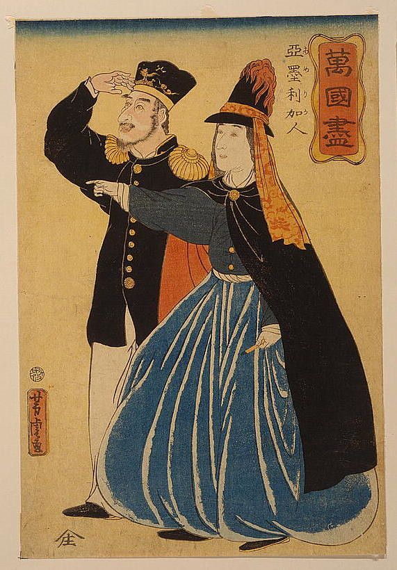 A Japanese woodblock print depicting a man and a woman in Western-style clothing.