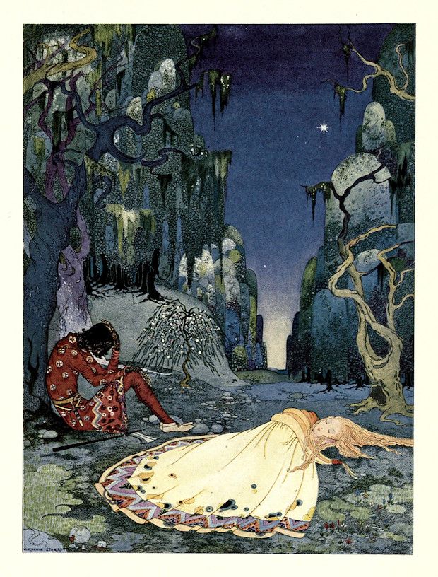 A vintage illustration of a person with fair hair lying on the ground in a forest, with a winged person kneeling beside them in grief.